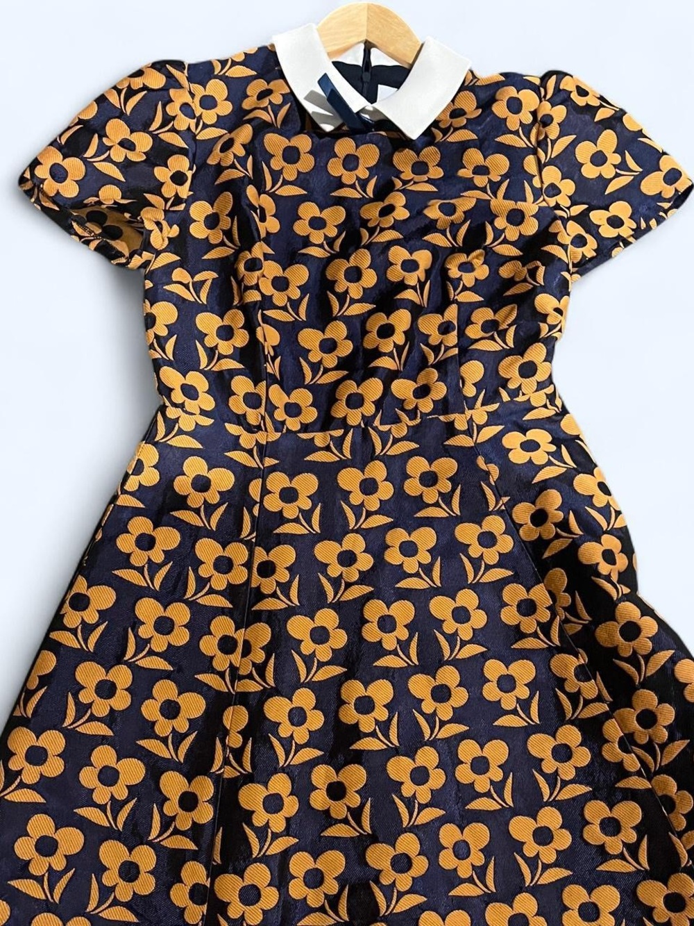 Vintage Navy and Mustard Floral Fit-and-Flare Dress with White Collar - Picture 1 of 5